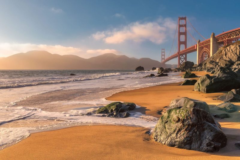San Francisco beach and Golden Bridge in the background